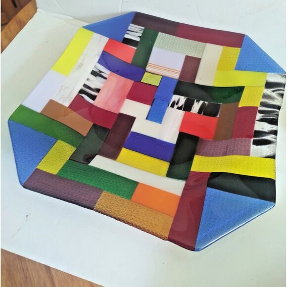 Rare Large Fused & Woven Mosaic Glass Plater 12.5" x 12.5" E&R Glass Labelled - Picture 1 of 16